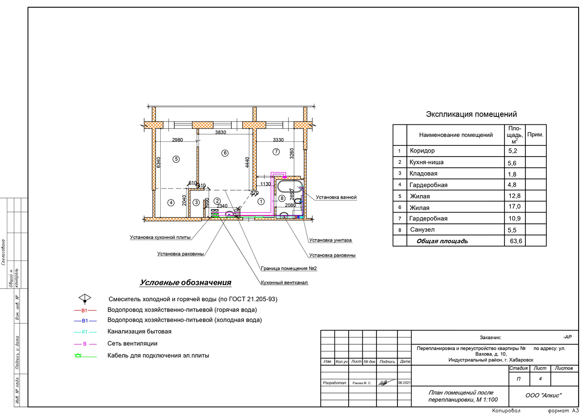 проект перепланировки и переустройства 2-комнатной квартиры с кухней-нишей